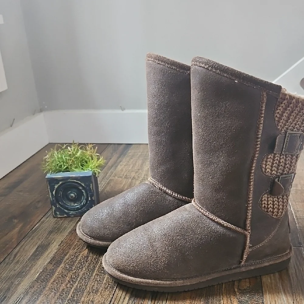 BearPaw Women's Sherpa Lined Warm‎ Winter Boots W/ Knit And Buckle Accents